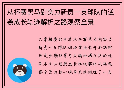 从杯赛黑马到实力新贵一支球队的逆袭成长轨迹解析之路观察全景