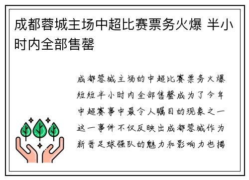 成都蓉城主场中超比赛票务火爆 半小时内全部售罄